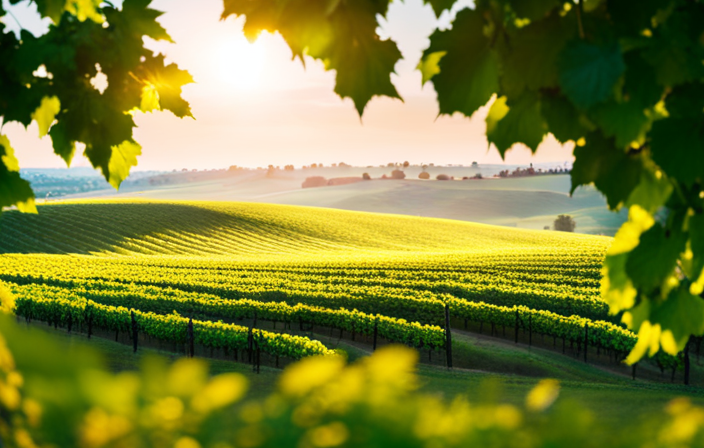 An image showcasing the rolling hills of Walla Walla, where vineyards stretch endlessly, their lush green vines heavy with plump grapes