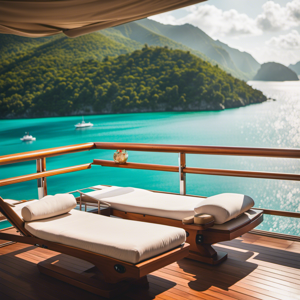 An image capturing the serene ambiance of a luxurious wellness cruise: a sun-kissed deck adorned with plush loungers, surrounded by crystal-clear turquoise waters, and a backdrop of lush green islands