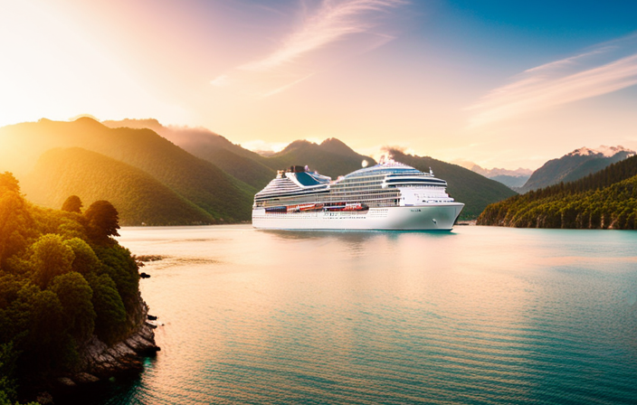 the essence of West Coast Adventures with a mesmerizing image of a luxurious Princess Cruises ship gliding through the sparkling turquoise waters of the Pacific Ocean, with majestic snow-capped mountains and lush green forests forming a breathtaking backdrop