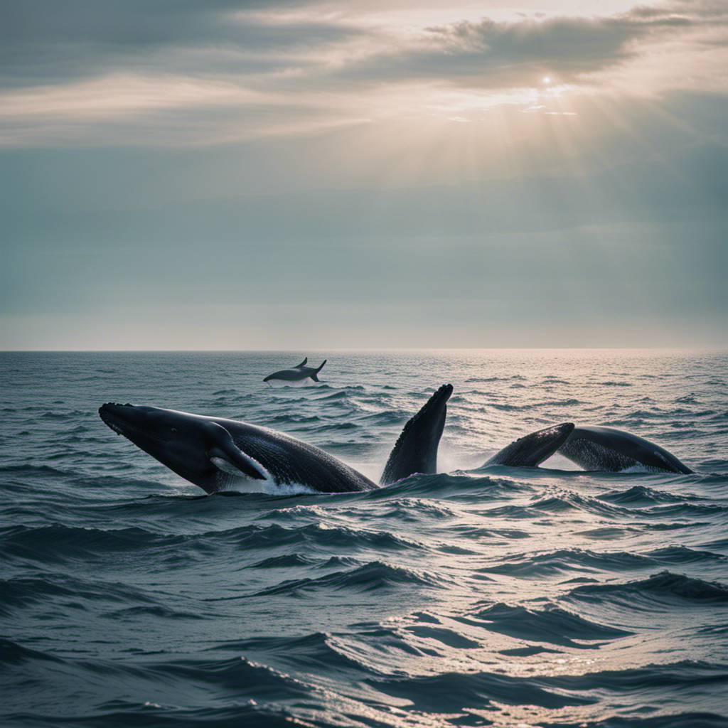 An image showcasing the awe-inspiring sight of a vast ocean with a diverse group of whales, their majestic bodies harmoniously intertwined, as they join forces to assist humanity in an unexpected and extraordinary alliance