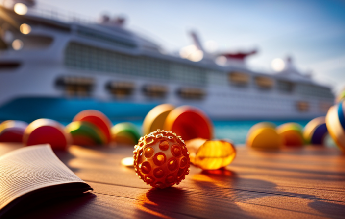 An image showcasing a tranquil cruise ship deck at sunset, adorned with colorful beach toys, where joyful children of various ages (up to 12) are freely splashing and playing in the sparkling pool