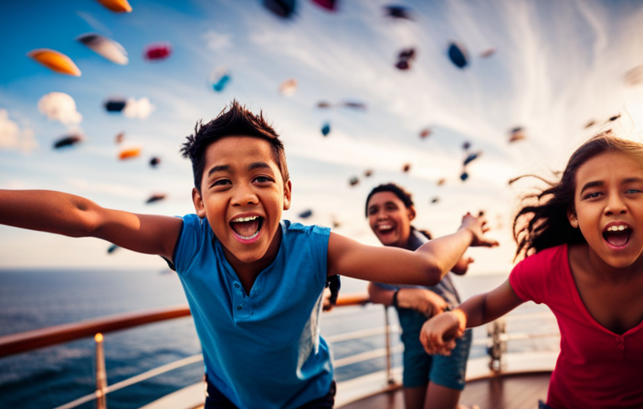 An image featuring a diverse group of joyful children, aged 12 and under, bursting with excitement as they engage in thrilling activities on a Carnival Cruise ship, showcasing the age of freedom