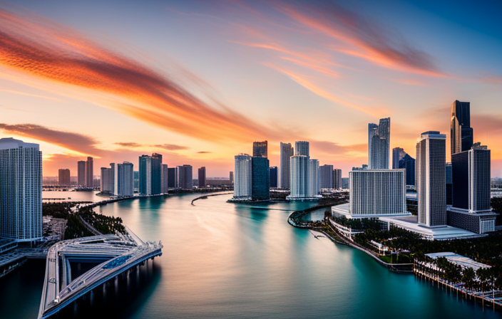 An image showcasing the aerial view of Miami's bustling cruise port, framed by the iconic Miami skyline and flanked by the Miami International Airport, emphasizing the close proximity between the two transportation hubs