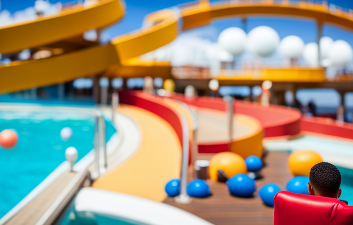 An image showcasing the vibrant array of activities aboard a Carnival Cruise, with families enjoying thrilling water slides, indulging in delectable cuisine, lounging by the pool, dancing to live music, and immersing themselves in fun-filled entertainment, all against a breathtaking ocean backdrop