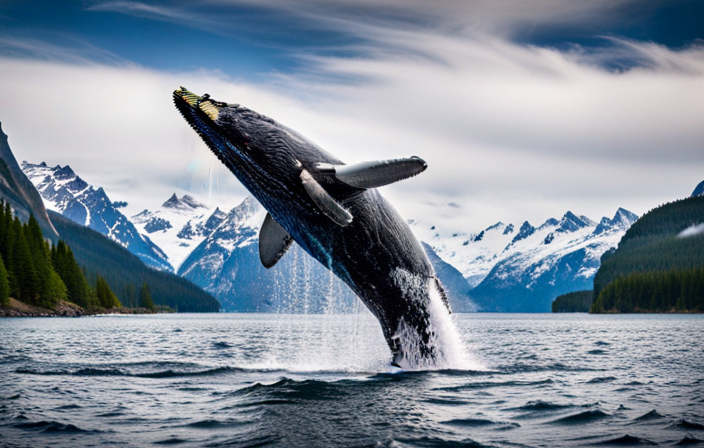 An image showcasing the majestic sight of a humpback whale gracefully breaching the glistening waters of Alaska, with a backdrop of towering snow-capped mountains, capturing the essence of the best excursions on a Princess Alaska Cruise