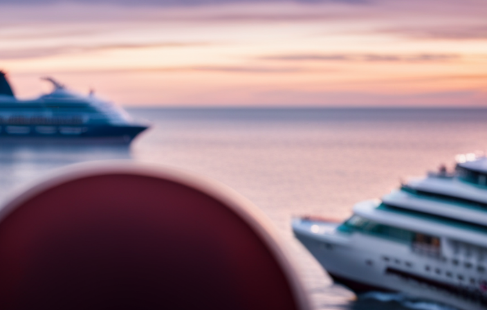An image showcasing a serene ocean view with multiple colorful cruise ships in the distance
