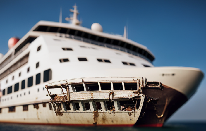 An image showcasing a dilapidated cruise ship with rusted exteriors, algae-covered decks, and clogged drains