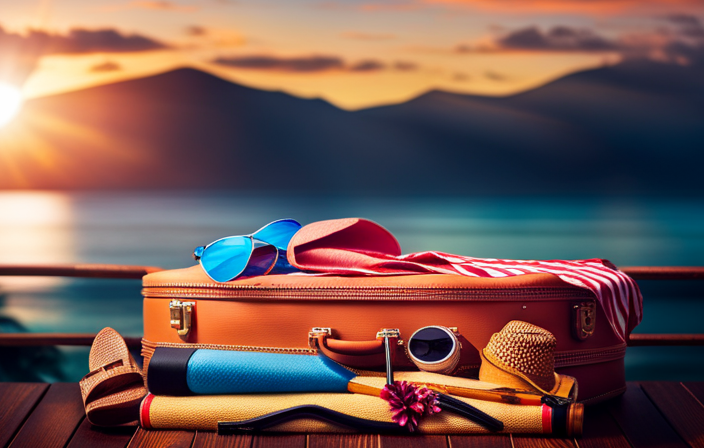 An image showcasing a vibrant tropical suitcase bursting with essentials for a Carnival Cruise: sunscreen, flip-flops, snorkeling gear, beach towel, sunglasses, a camera, and a colorful Hawaiian shirt