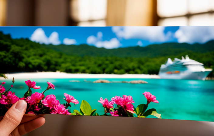 An image showcasing a magnificent cruise ship gliding through crystal-clear turquoise waters, adorned with vibrant tropical flowers