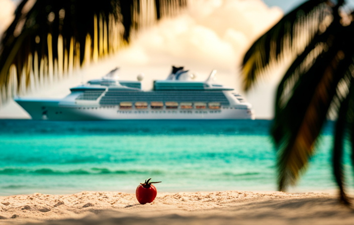 An image showcasing a majestic cruise ship adorned with vibrant Caribbean colors, docked against Jamaica's turquoise waters