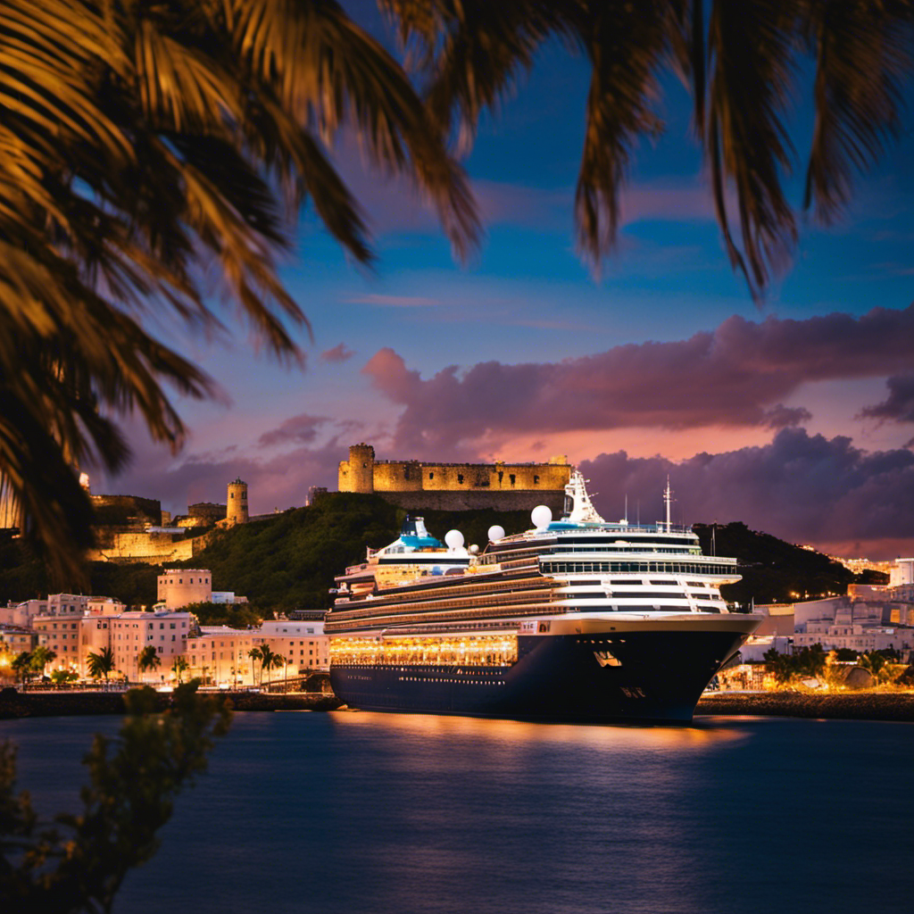 An image capturing the vibrant allure of Puerto Rico: a luxurious cruise liner, adorned in colorful tropical motifs, gracefully docked at San Juan's picturesque port, as the sun sets behind the iconic El Morro fortress