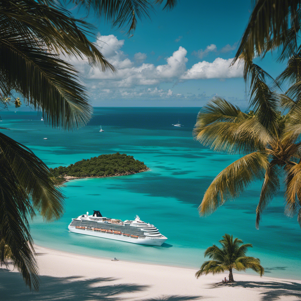 An image showcasing a luxurious cruise ship sailing amidst crystal-clear turquoise waters, adorned with vibrant palm-fringed white sandy beaches of the Virgin Islands, offering a glimpse of paradise