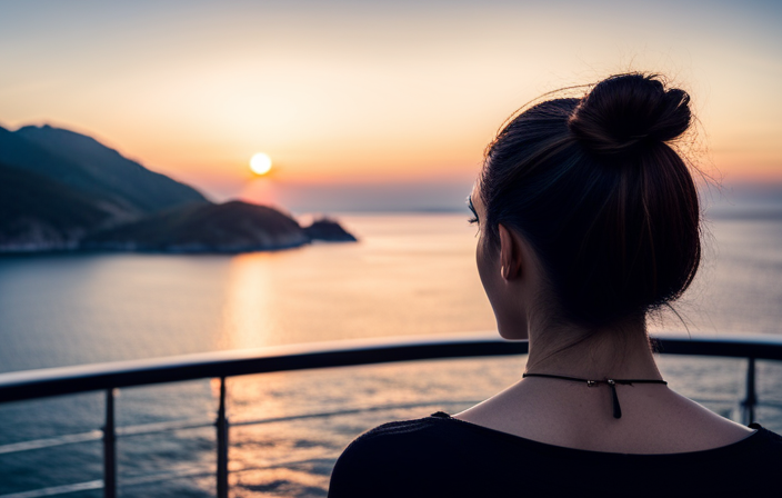 An image showcasing a serene ocean view from the deck of a luxurious cruise ship, with an elegant 18-year-old passenger confidently exploring the ship's amenities, conveying a sense of freedom and independence