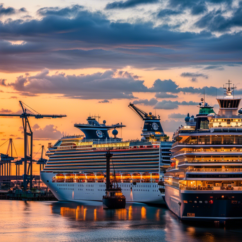 An image showcasing the bustling Mobile, Alabama port, adorned with vibrant cruise ships towering against a picturesque sunset backdrop