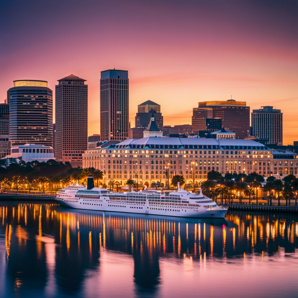 An image showcasing the iconic New Orleans skyline at dusk, with a vibrant riverfront