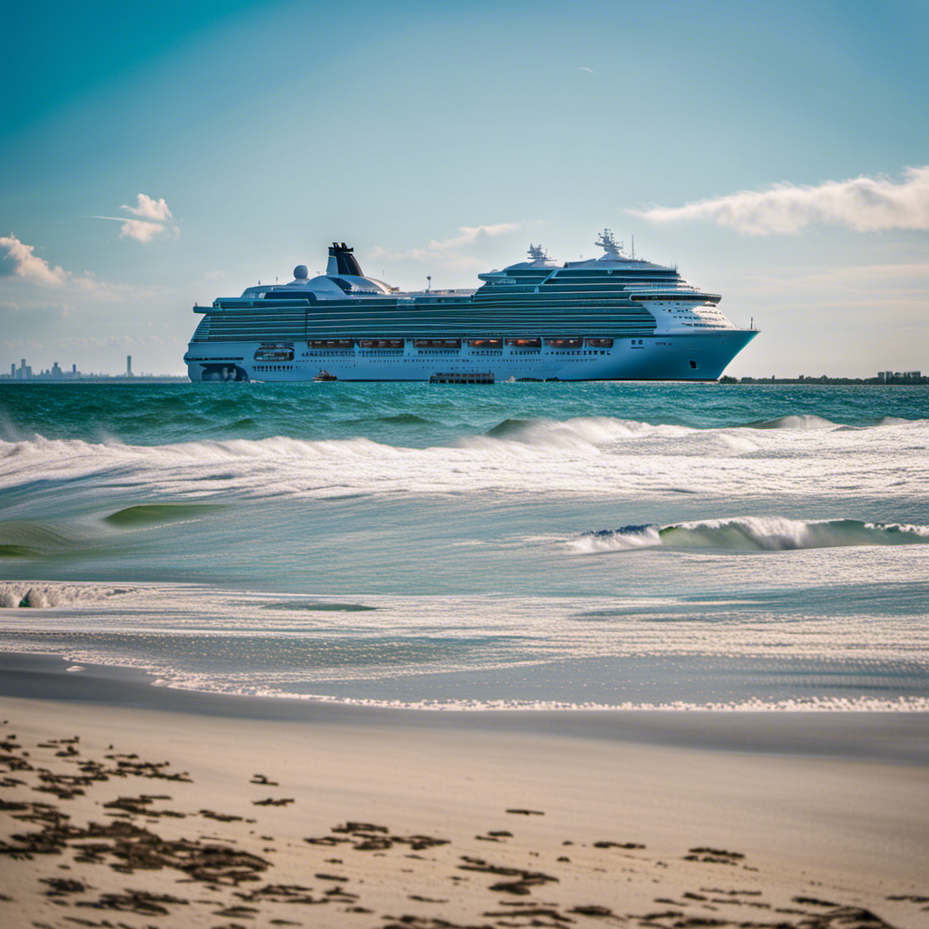 An image capturing the sun-drenched coastline of North Carolina, adorned with a vibrant array of majestic cruise ships