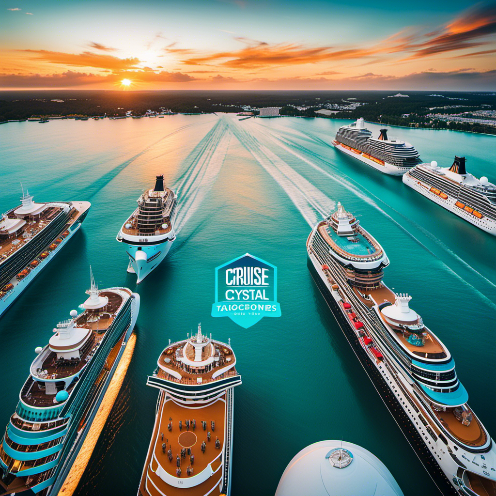 An image showcasing a diverse array of cruise ships sailing through crystal-clear turquoise waters, with a vibrant sunset backdrop