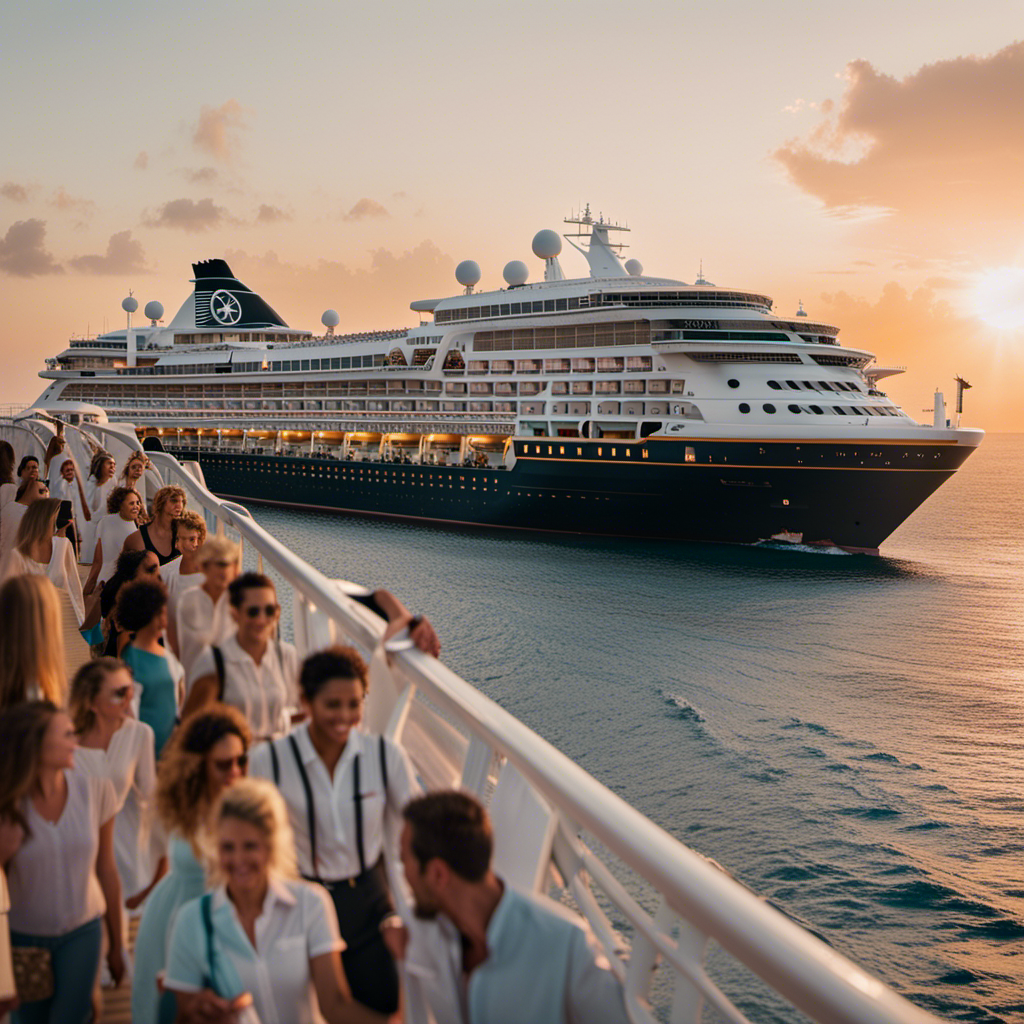 An image showcasing a serene sunset backdrop with a diverse group of passengers joyfully embarking on a luxurious cruise ship, emphasizing the absence of vaccination requirements through subtle hints like unmasked faces and unobtrusive signage