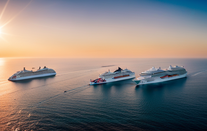 An image showcasing the dynamic fleet of Norwegian Cruise Line, featuring the iconic bow of the Norwegian Joy gliding through crystal-clear turquoise waters, surrounded by the sleek silhouettes of their other world-class vessels