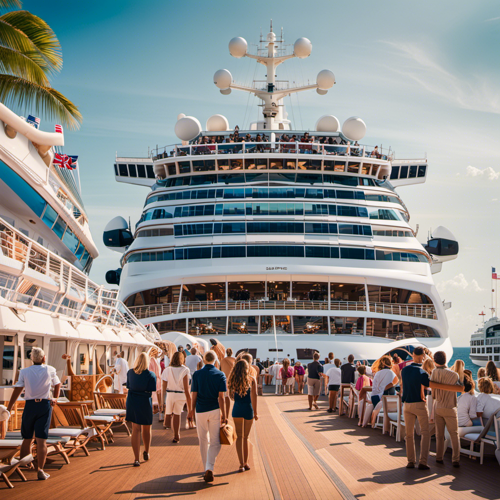 An image showcasing a diverse array of cruise ships, with passengers engaging in activities like sunbathing, swimming, and dining