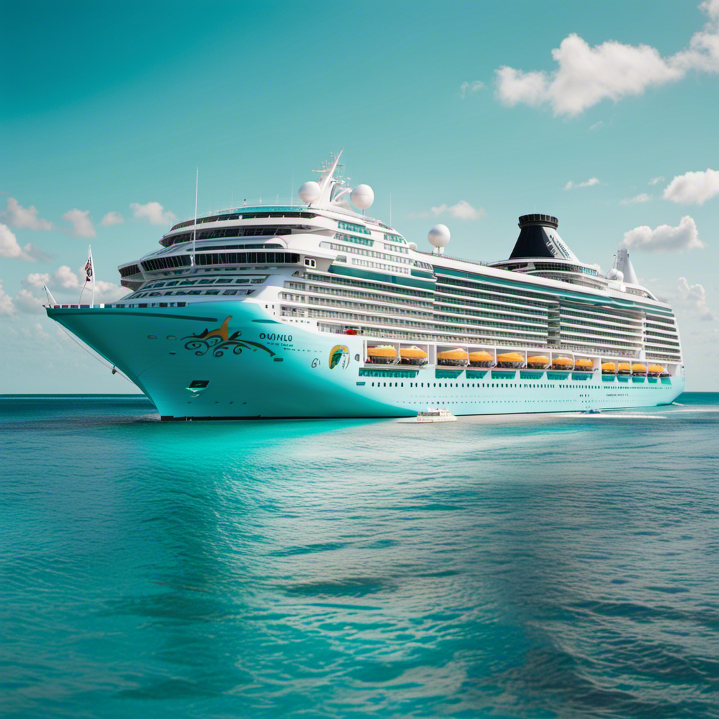 An image featuring a vibrant cruise ship gliding through turquoise waters, adorned with a prominent "NO VACCINE REQUIRED" banner on its deck