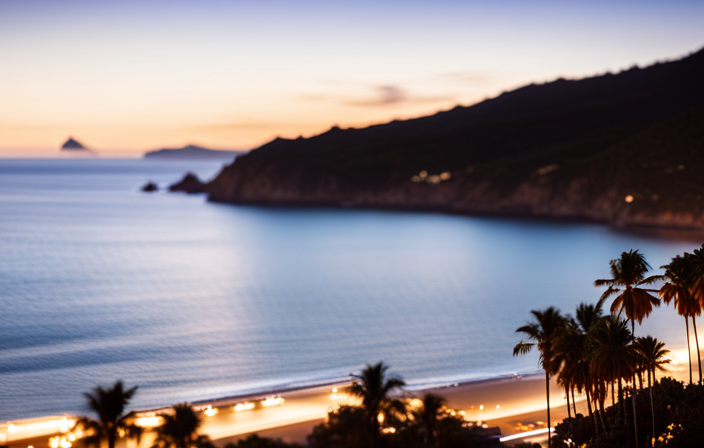 An image showcasing the golden California coast, adorned with palm trees and sparkling blue waters, while a majestic cruise ship sails gracefully towards the enchanting Hawaiian Islands on the horizon