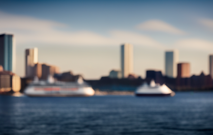 An image showcasing the picturesque Boston Harbor, with a towering cruise ship majestically sailing through its crystal-clear waters