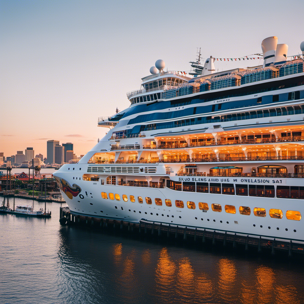 An image showcasing the vibrant New Orleans skyline, with a massive cruise ship docked at the bustling Port of New Orleans