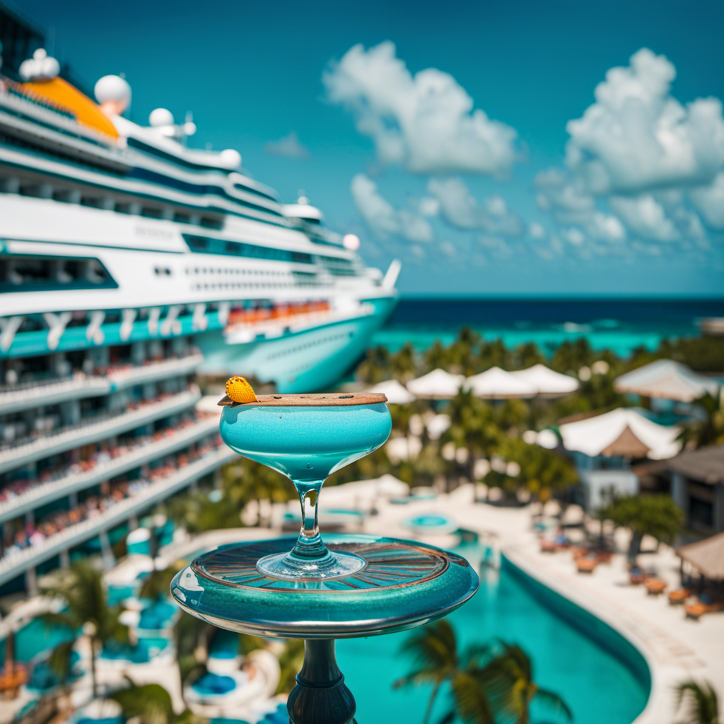 An image showcasing the crystal-clear turquoise waters of Cozumel, with a vibrant cruise ship anchored nearby