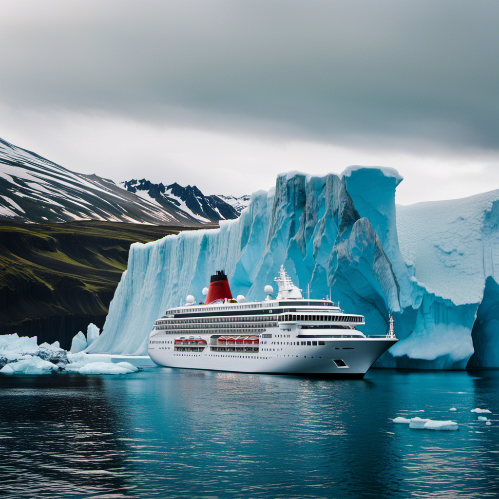 An image showcasing a majestic cruise ship gliding through Iceland's crystal-clear waters, surrounded by towering icebergs, cascading waterfalls, and dramatic volcanic landscapes