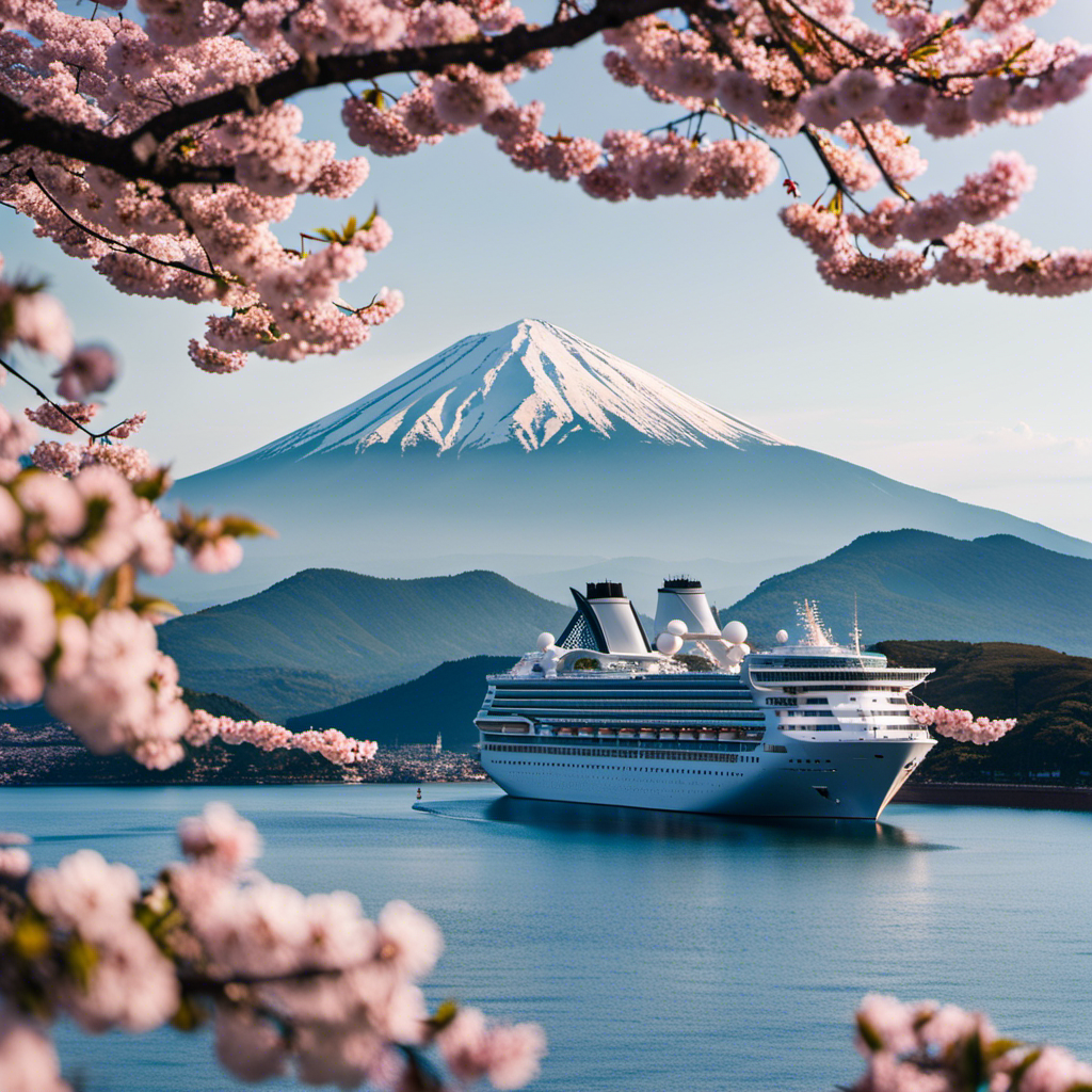 An image showcasing a majestic cruise ship, adorned with the vibrant hues of Japan's iconic cherry blossom trees, as it sails through the picturesque waters of the Seto Inland Sea, with Mount Fuji standing tall in the distance