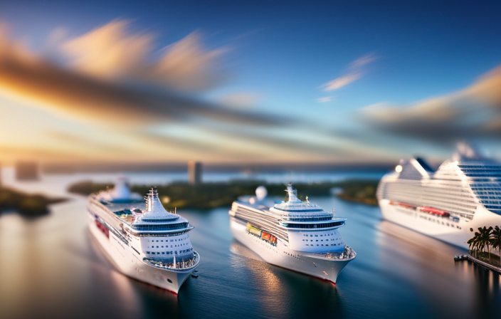 An image showcasing the vibrant Port Everglades in Fort Lauderdale, with multiple cruise ships docked in the crystal-clear waters, ready to embark on unforgettable journeys