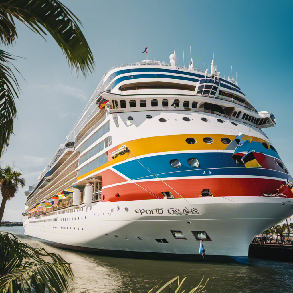 An image capturing the vibrant scene at the bustling New Orleans port: a majestic cruise ship adorned with colorful flags, framed by palm trees swaying in the warm breeze, while excited passengers embark on their unforgettable journey