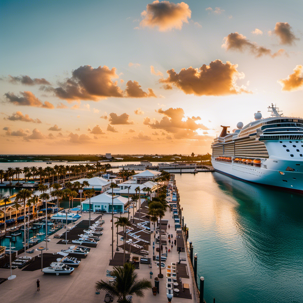 An image showcasing a vibrant and bustling Port Canaveral, with majestic cruise ships docked at the harbor, ready to embark on unforgettable journeys