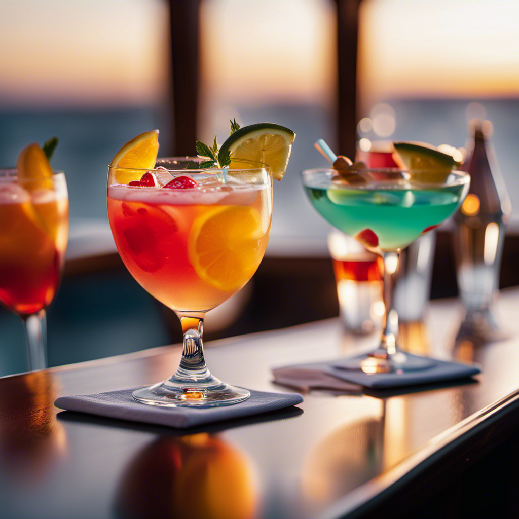 An image showcasing a luxurious cruise ship deck, adorned with elegant cocktail glasses filled to the brim with colorful, refreshing beverages, reflecting the diverse range of complimentary drink packages available on various cruise lines