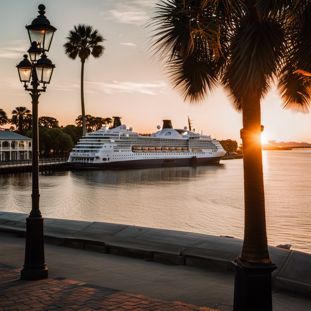 An image showcasing the picturesque Charleston Harbor at sunset, with an elegant cruise ship docked at Union Pier Terminal, surrounded by charming cobblestone streets and historic buildings, capturing the allure of cruise lines porting in Charleston, SC