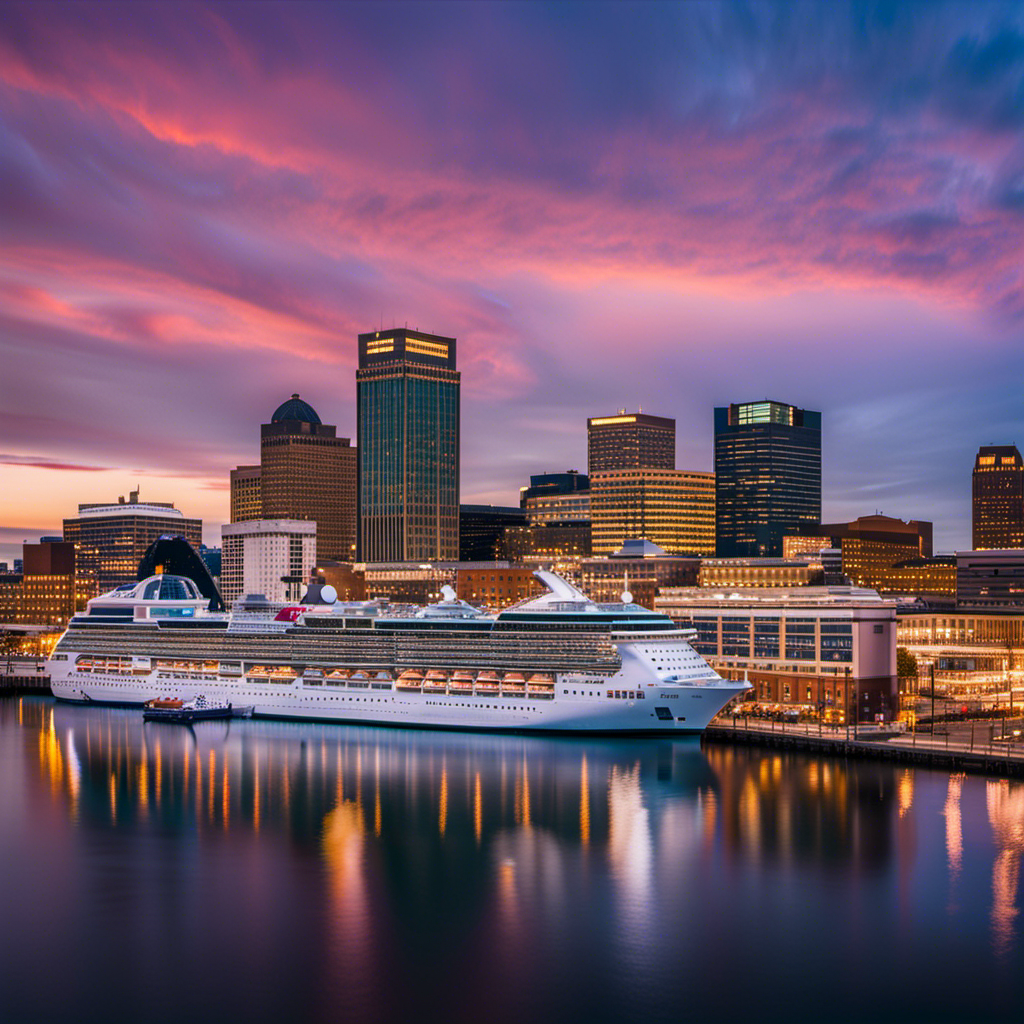 An image capturing the iconic Baltimore skyline at twilight, adorned with three majestic cruise ships docked at the bustling port