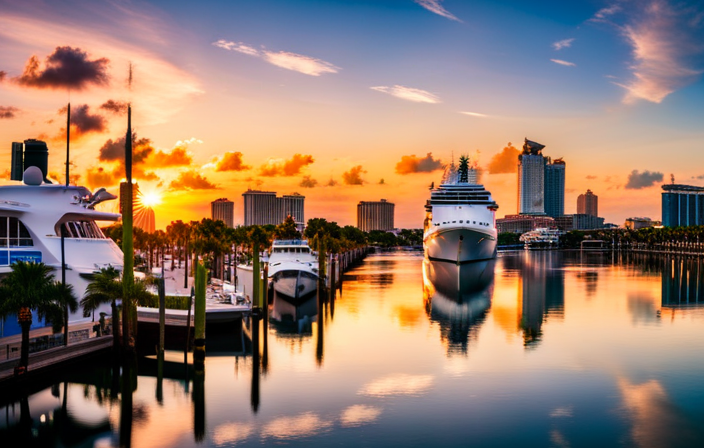 An image showcasing Fort Lauderdale's bustling port, adorned with towering palm trees and vibrant cruise ships