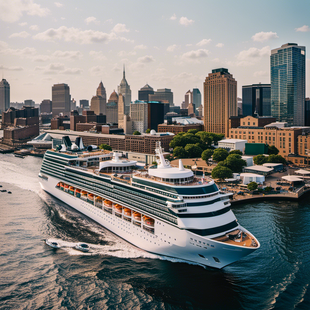 An image showcasing a bustling waterfront in New Jersey, adorned with vibrant cruise ships of different sizes and colors, elegantly gliding through the glistening Atlantic Ocean, ready to embark on exciting voyages
