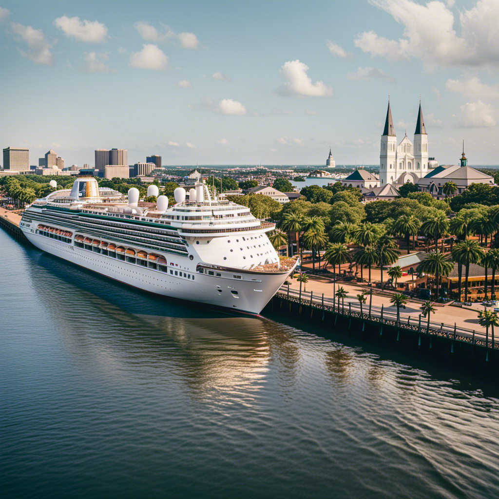 An image showcasing a vibrant waterfront scene in New Orleans, with a majestic cruise ship docked at the port, surrounded by iconic landmarks such as the St