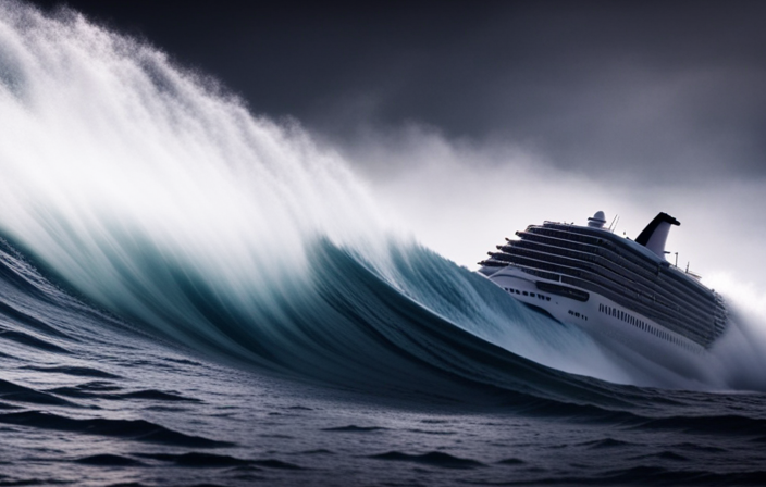 An image capturing the raw power of a hurricane, depicting a colossal cruise ship navigating through towering waves and ferocious winds, showcasing its resilience amidst the chaos of nature's fury