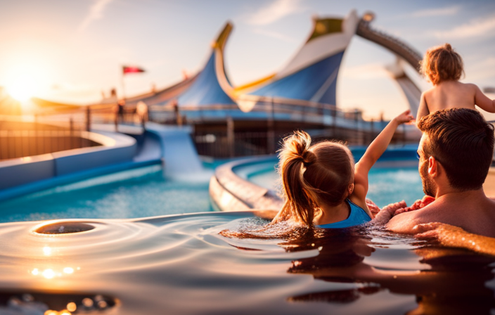 An image showcasing a family of four joyfully splashing in the deck pool, surrounded by iconic Disney characters, with a twisty waterslide, towering funnels, and vibrant deck chairs, capturing the excitement of a Disney Cruise
