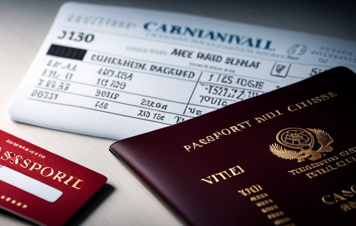 An image showcasing a passport, a Carnival cruise ticket, a valid ID, and a printed boarding pass, neatly arranged on a crisp white surface, illustrating the essential documents required for a Carnival cruise