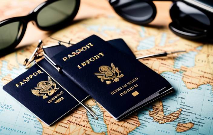 An image showcasing a neatly arranged passport, a printed boarding pass, a travel insurance document, and a vaccination certificate, all placed on a clean surface alongside a pair of sunglasses and a map of a tropical cruise destination