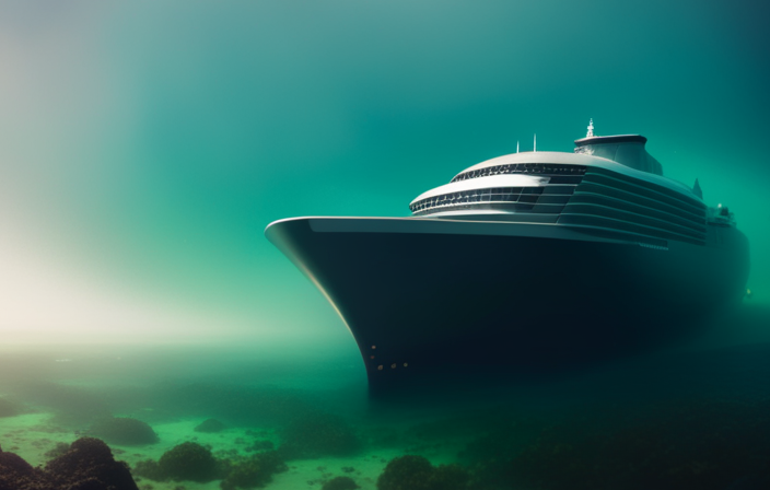 An image showcasing the mesmerizing underwater view of a colossal cruise ship, submerged in crystal-clear turquoise waters