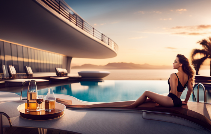 An image showcasing a grand cruise ship's luxurious amenities – a vibrant pool deck with stylish sun loungers, a sleek fitness center, elegant dining halls, and a serene spa – embodying the epitome of opulence and exclusivity