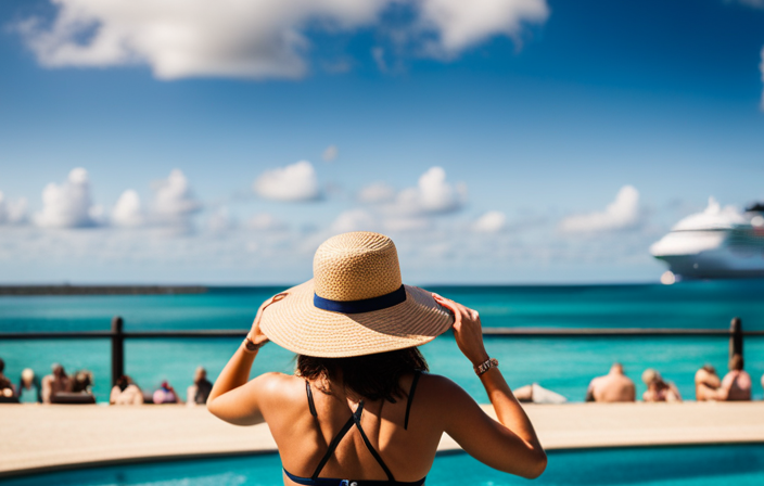 An image showcasing a scenic tropical beach with a vibrant Carnival Cruise ship in the background