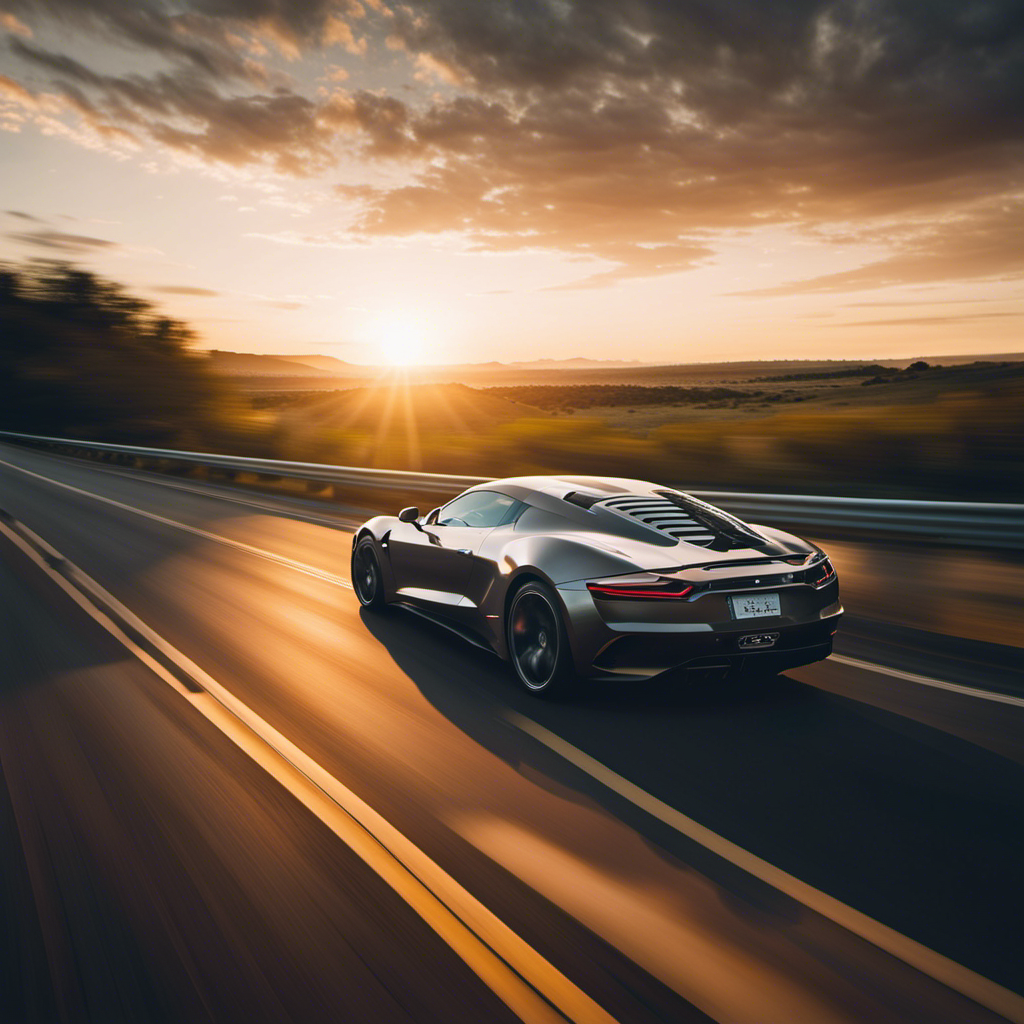 An image capturing a sleek sports car cruising down an open highway at sunset, with the wind gently tousling its driver's hair, showcasing the exhilarating sense of freedom and effortless control that "cruise" symbolizes in the world of automotive engineering