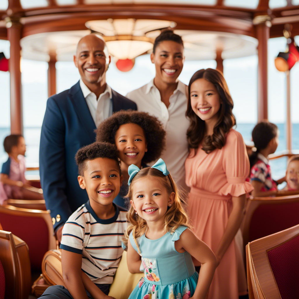 An image showcasing a smiling family onboard a Disney Cruise ship, surrounded by various iconic Disney characters