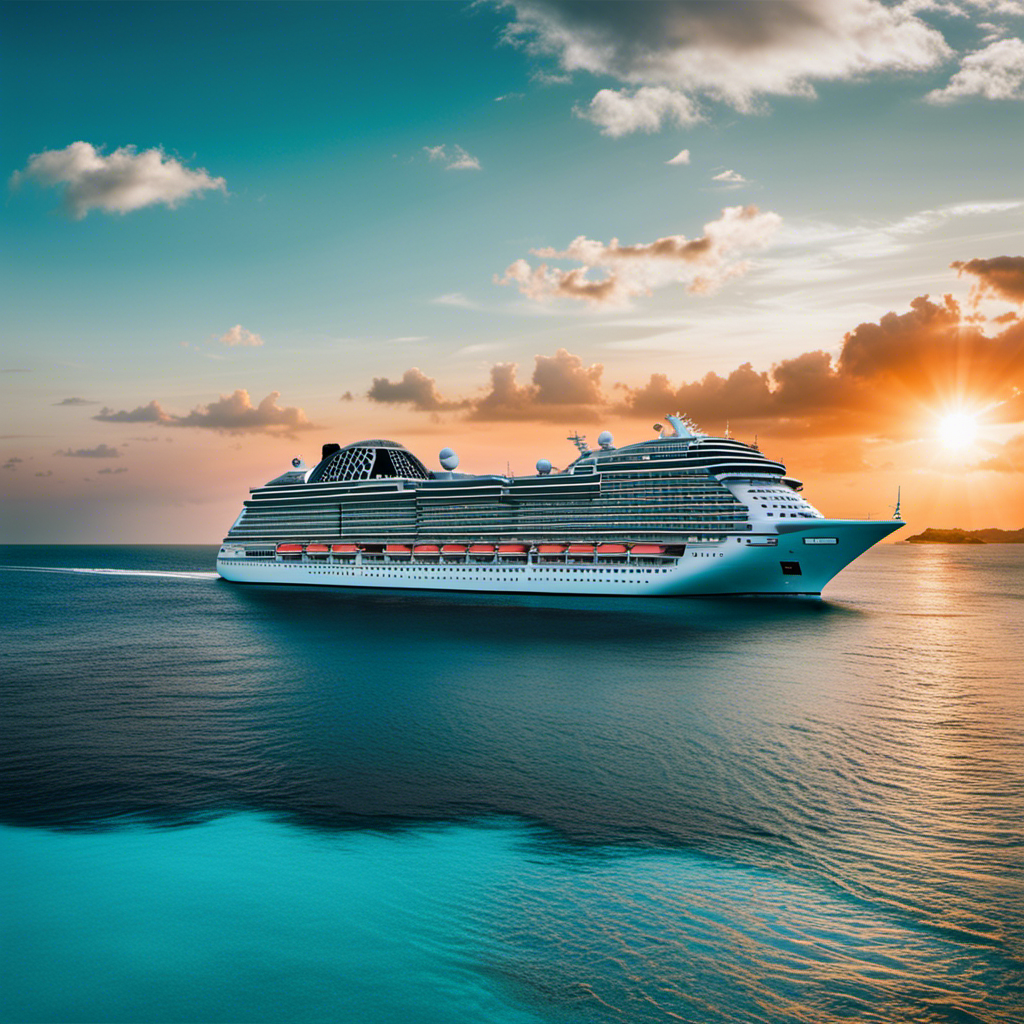 An image showcasing the iconic Msc Cruise Line logo with a luxurious cruise ship gliding through crystal-clear turquoise waters, surrounded by vibrant coral reefs, palm-fringed white sand beaches, and a breathtaking sunset on the horizon